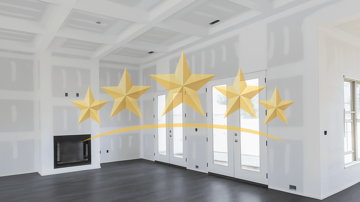 Five-star drywall service rating over a newly finished interior with smooth ceilings and walls by Flow Drywall in Denver, CO.